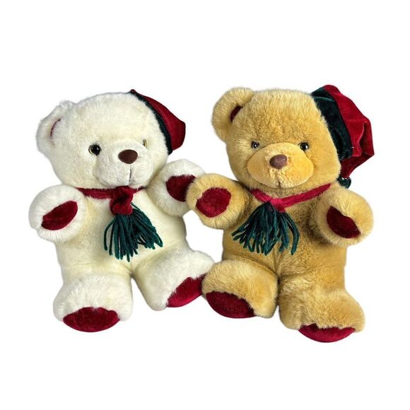 Christmas Teddy Bears Lot of 2 White Tan Holiday Plush Stuffed Animal Toy Winter - Picture 1 of 9